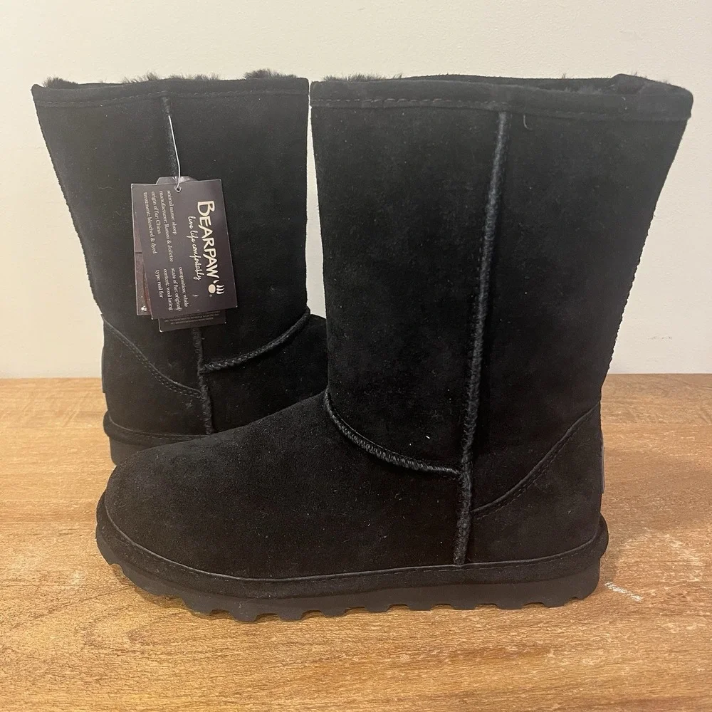 NEW Bearpaw Elle Short 1962W Black Suede Sheepskin Boots Women's Size 7 NWT Box